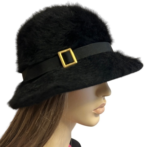 Kangol Fuzzy Angora Hat  Wool Soft Furry Luxe Bucket Cloche Trilby Black Vintage - Picture 6 of 11